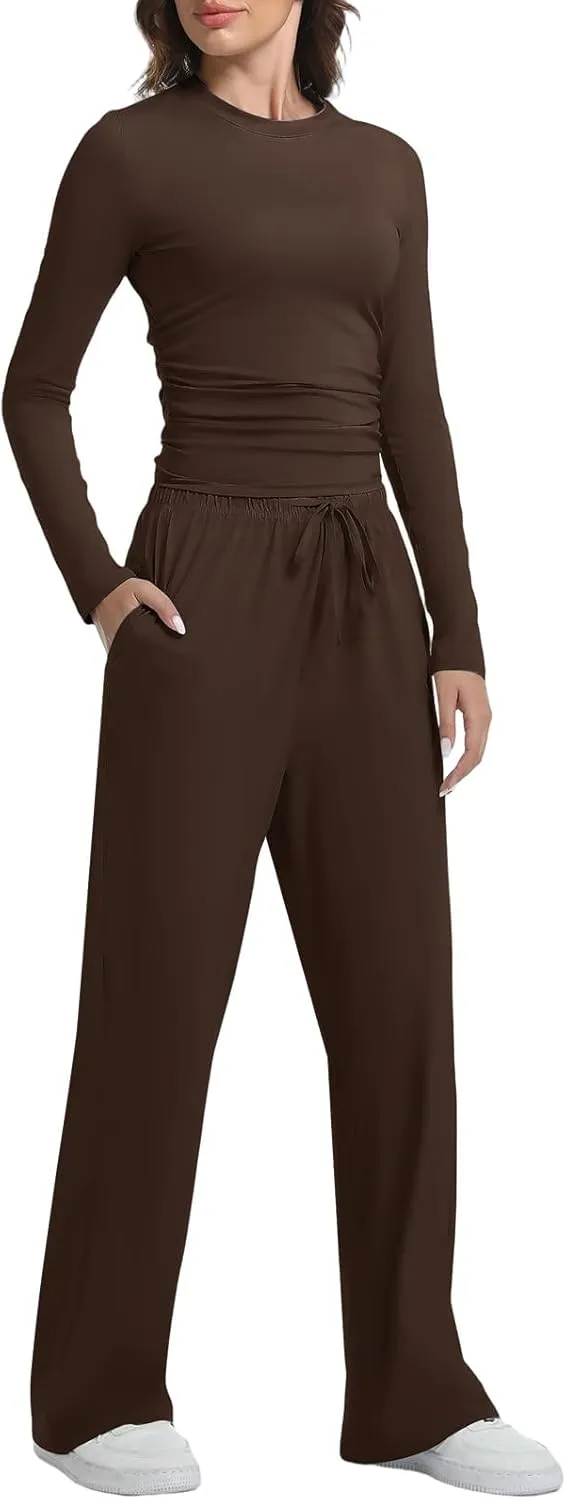 2 Piece Lounge Sets for Women Fall Outfits Long Sleeve Wide Leg Tracksuits Womens Casual Loungewear Two Pcs Matching Set