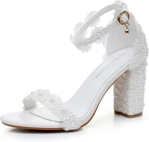 3.75 Inches White Womens Heeled Sandals Open Toe Lace Elegant Simple Wedding Party Bridal Shoes Block Heel Ankle Strap Sandals
