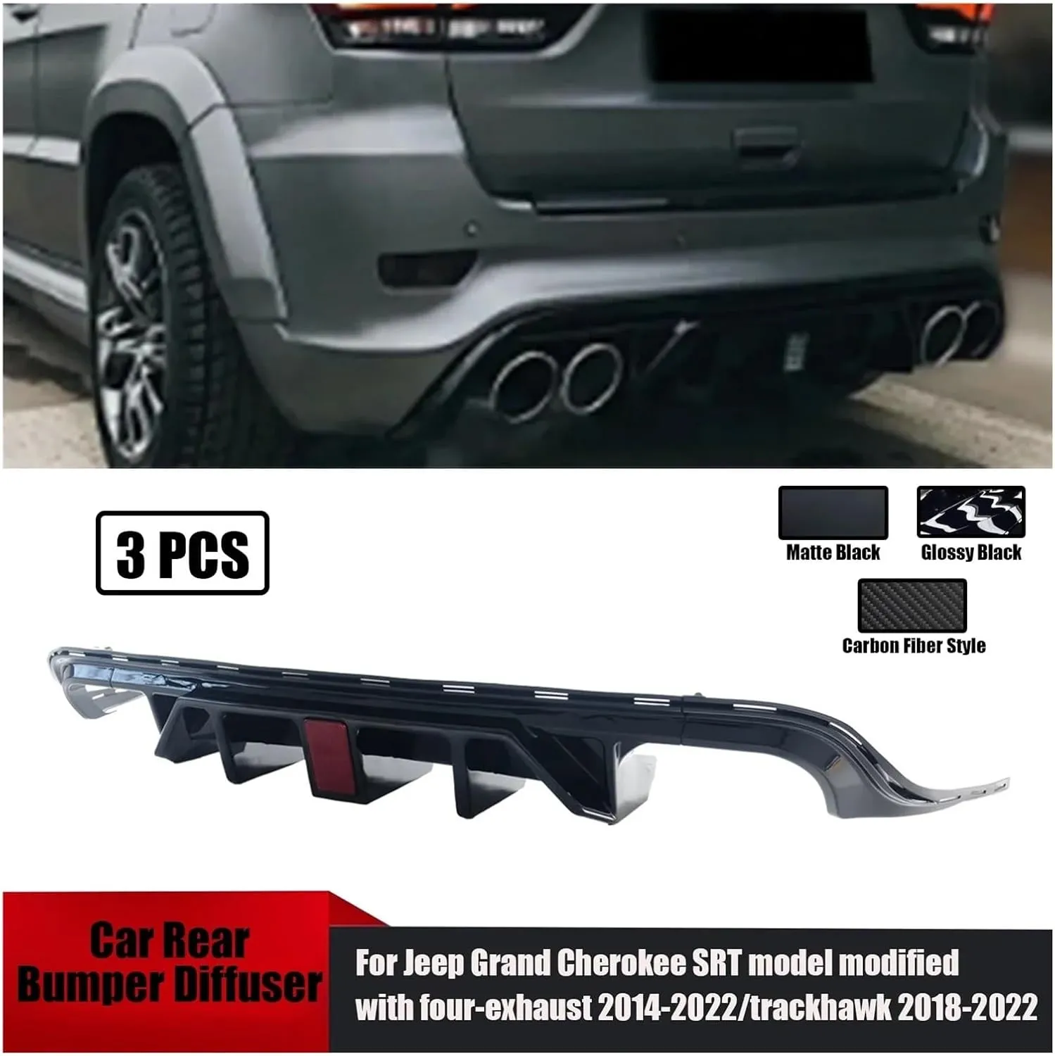 3PCS Rear Bumper Diffuser With Light Compatible For Jeep Grand Cherokee SRT Model Modified 2014-2022/Trackhawk 2018-2022 Anti-Scratch Guard Body Kit Repair(Carbon Fiber Style)