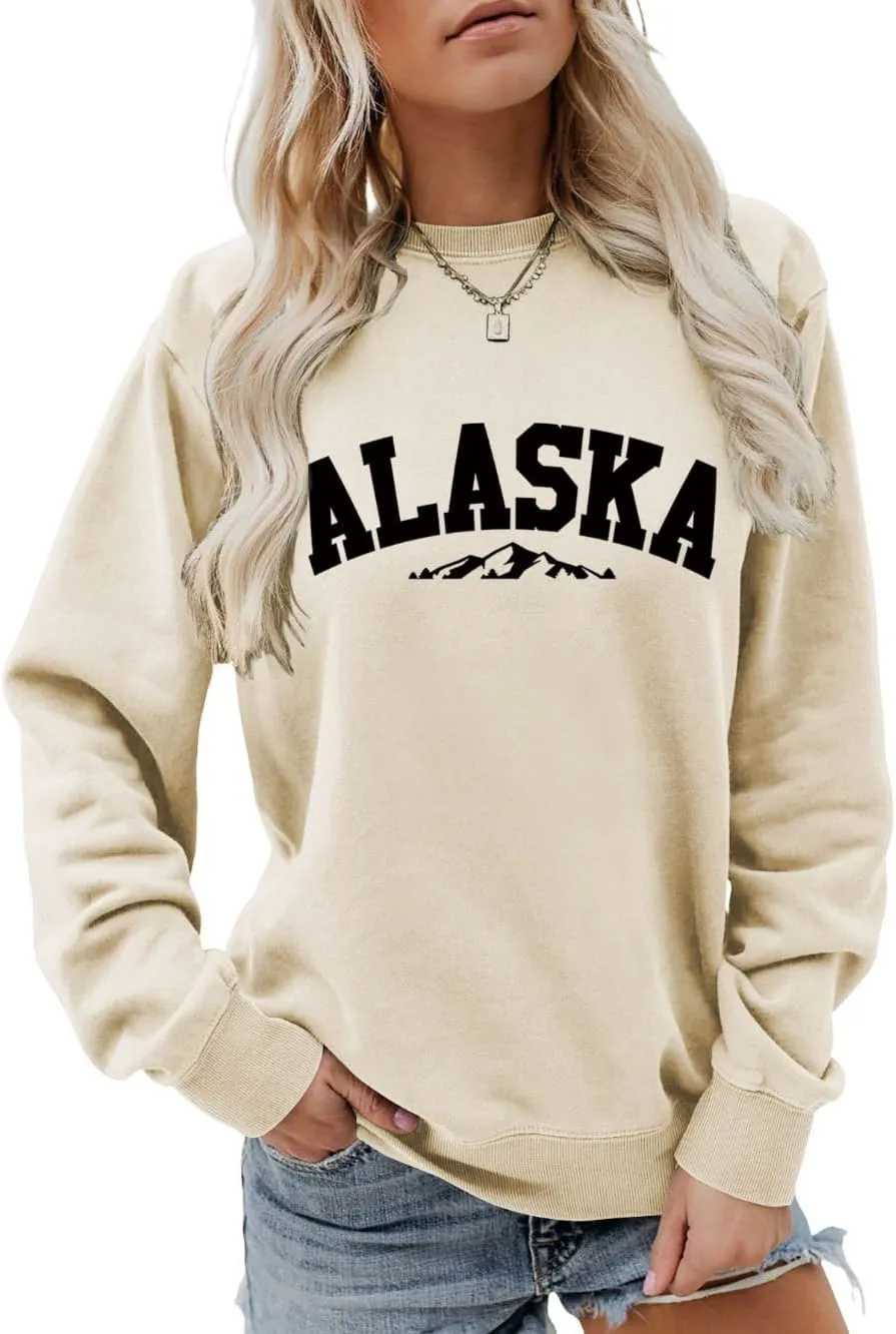Alaska Sweatshirt Retro Mountain Graphic Shirt Vintage Alaska Sweater Women Casual Crewneck Long Sleeve Pullover Tops