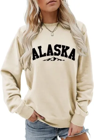 Alaska Sweatshirt Retro Mountain Graphic Shirt Vintage Alaska Sweater Women Casual Crewneck Long Sleeve Pullover Tops