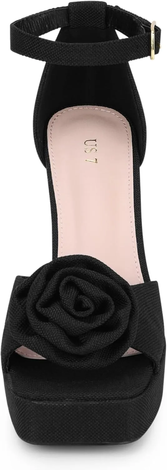 Allegra K Women's Platform Flower Heels Square Toe Chunky Heel Sandals