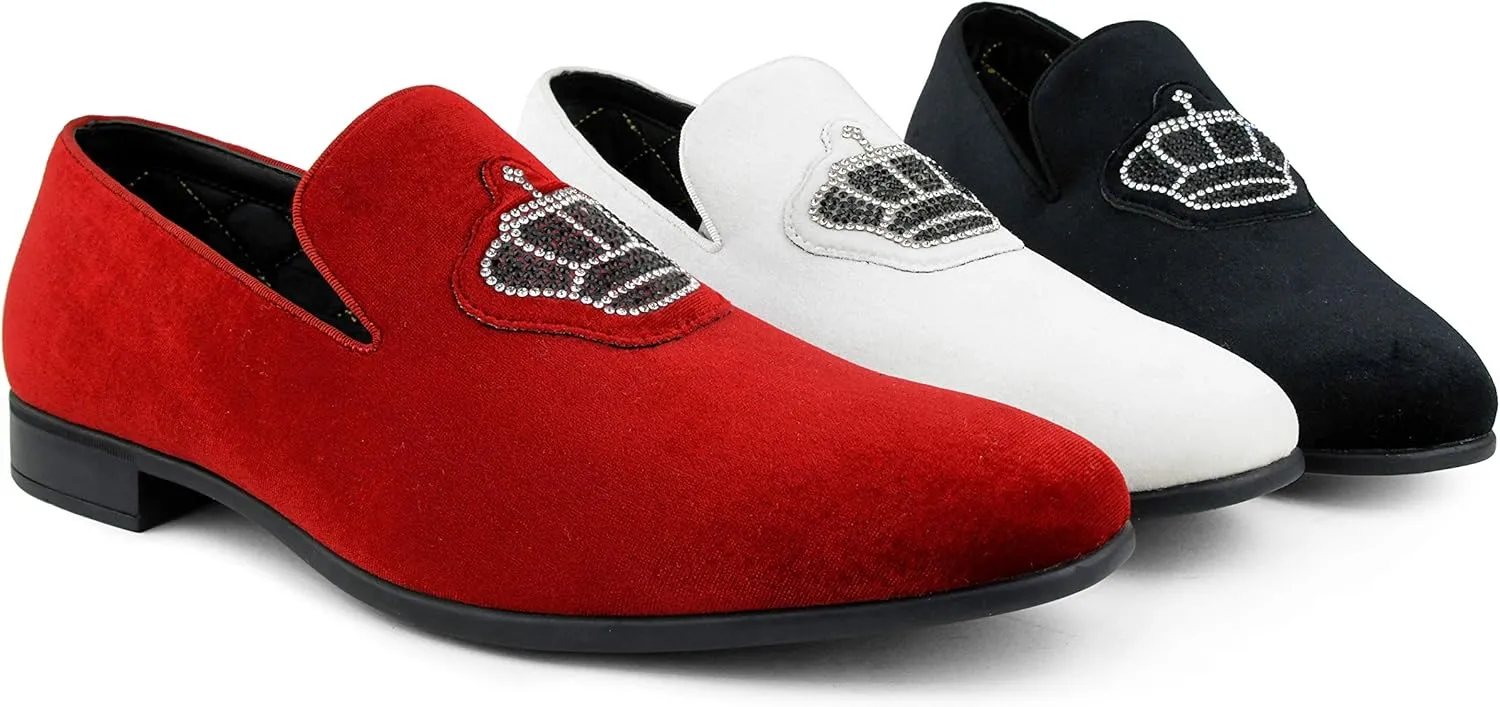 Amali Crown - Velvet Men’s Slip-On Shoes with Jewelry Crown Piece - Smoking Slip On Dress Shoes for Men - Velvet Formal Loafers for Men - The Original Smoking Men Tuxedo Dress Shoe