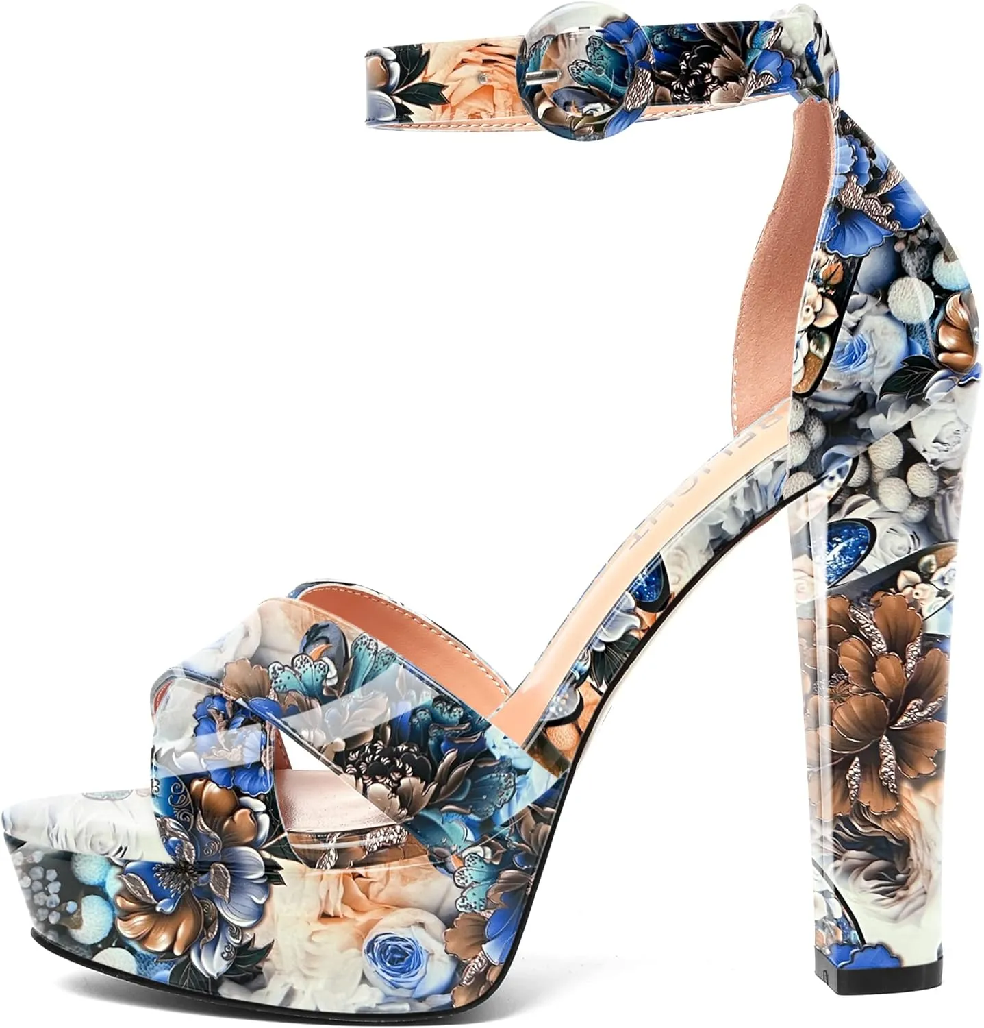 AMBELIGHT Womens Cute Open Toe Dress Heels Patent Party Ankle Strap Platform Chunky High Heel Sandals 5 Inch