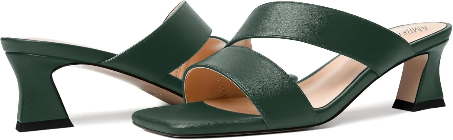 AMBELIGHT Womens Matte Casual Solid Slip On Indoor Square Toe Kitten Low Heel Heeled Sandals 2 Inch