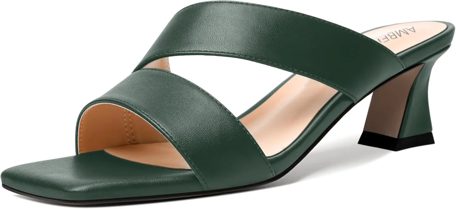 AMBELIGHT Womens Matte Casual Solid Slip On Indoor Square Toe Kitten Low Heel Heeled Sandals 2 Inch