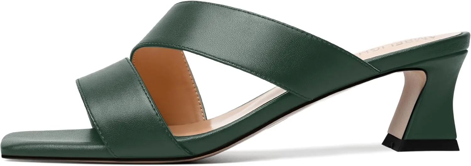 AMBELIGHT Womens Matte Casual Solid Slip On Indoor Square Toe Kitten Low Heel Heeled Sandals 2 Inch