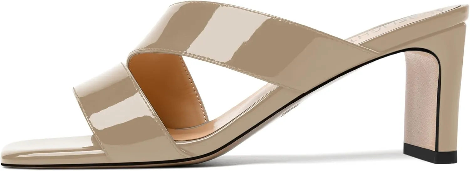 AMBELIGHT Womens Patent Night Club Dress Square Toe Slip On Block Mid Heel Sandals 2.5 Inch
