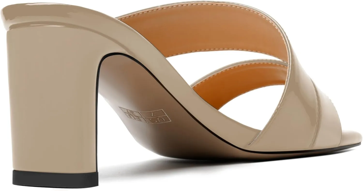 AMBELIGHT Womens Patent Night Club Dress Square Toe Slip On Block Mid Heel Sandals 2.5 Inch