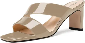 AMBELIGHT Womens Patent Night Club Dress Square Toe Slip On Block Mid Heel Sandals 2.5 Inch