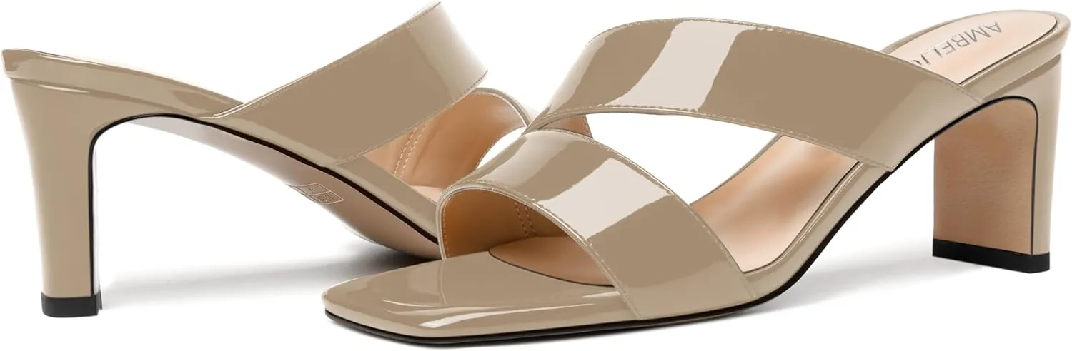 AMBELIGHT Womens Patent Night Club Dress Square Toe Slip On Block Mid Heel Sandals 2.5 Inch