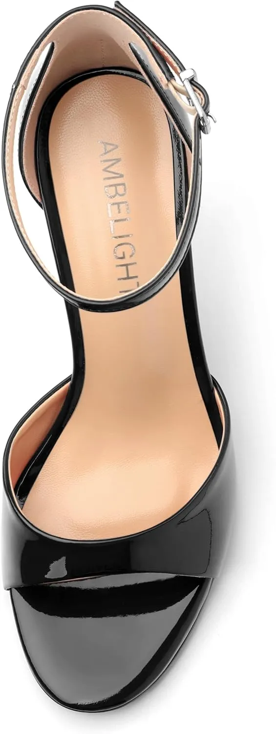 AMBELIGHT Women's Sexy Stiletto High Kitten Patent Heels Ankle Strap Buckle Round Peep Open Toe Sandals Elegant Dress Office Party Wedding Shoes For Women 3.5 Inch