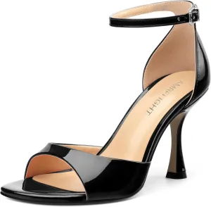 AMBELIGHT Women's Sexy Stiletto High Kitten Patent Heels Ankle Strap Buckle Round Peep Open Toe Sandals Elegant Dress Office Party Wedding Shoes For Women 3.5 Inch