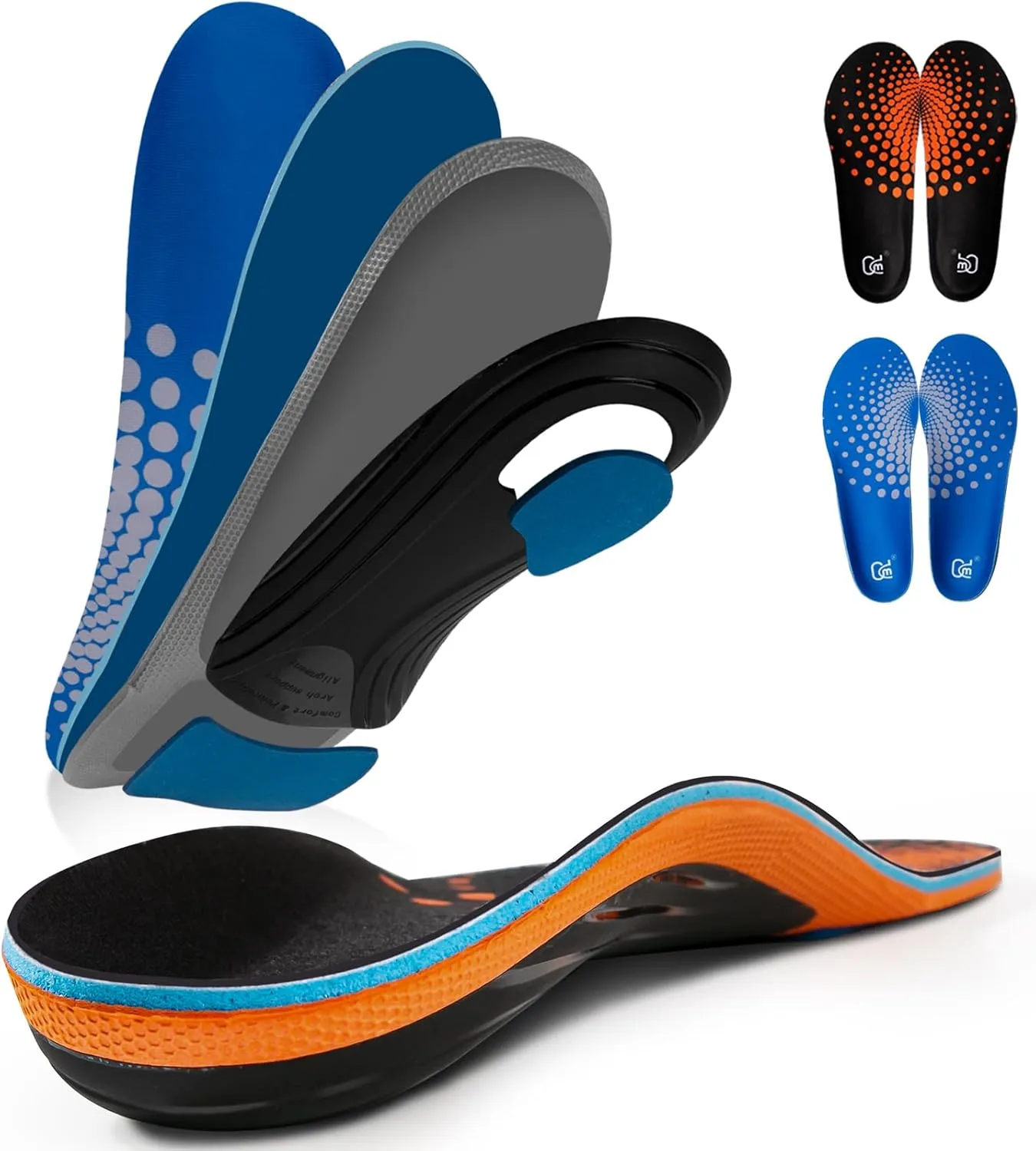 AOTENG STAR Plantar Fasciitis Insoles, High Arch Support Insoles for Plantar Fasciitis Relief Orthotic Shoe Insoles, 240 lbs Heavy Duty Shoe Inserts(Men 7.5-8 / Women 8.5-9(255mm), Orange & Blue)
