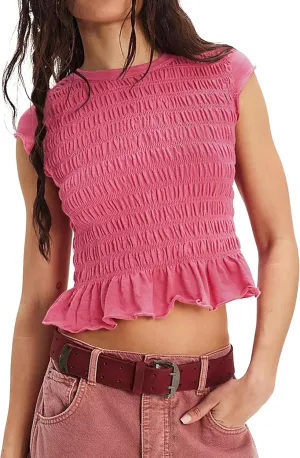 APAFES Womens Smocked Crop Tops Summer Peplum T-Shirts Cap Sleeve Crew Neck Workout Casual Tees