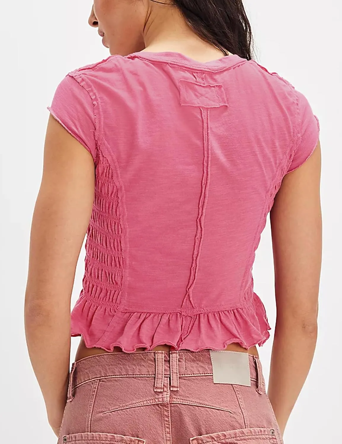 APAFES Womens Smocked Crop Tops Summer Peplum T-Shirts Cap Sleeve Crew Neck Workout Casual Tees