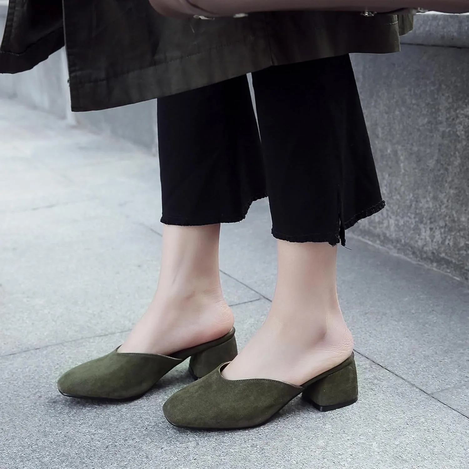 Asterisco Women Block Heel Mules Mid Heel Mules Square Toe Slip On Simple Daily Sandals, Size 2-15.5