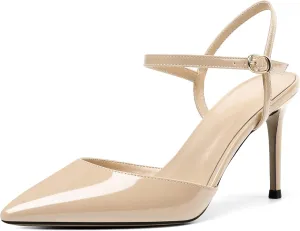 AUMOTED Women's Pointed Toe Pumps Stilettos High Heels Ankle Strap Closed Toe Pumps Wedding Bride Shoes Dating Patent Summer Heels 3.4 Inch Party Sandals