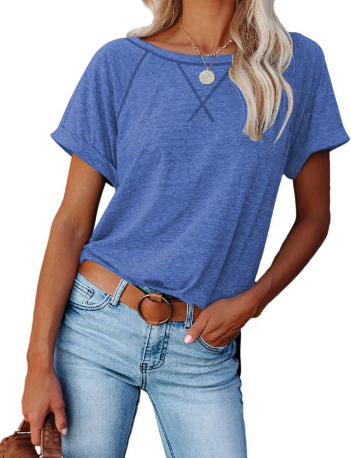 ayreus Women's Casual Short Sleeve T Shirts Crewneck Raglan Tees Side Split Summer Tunic Tops