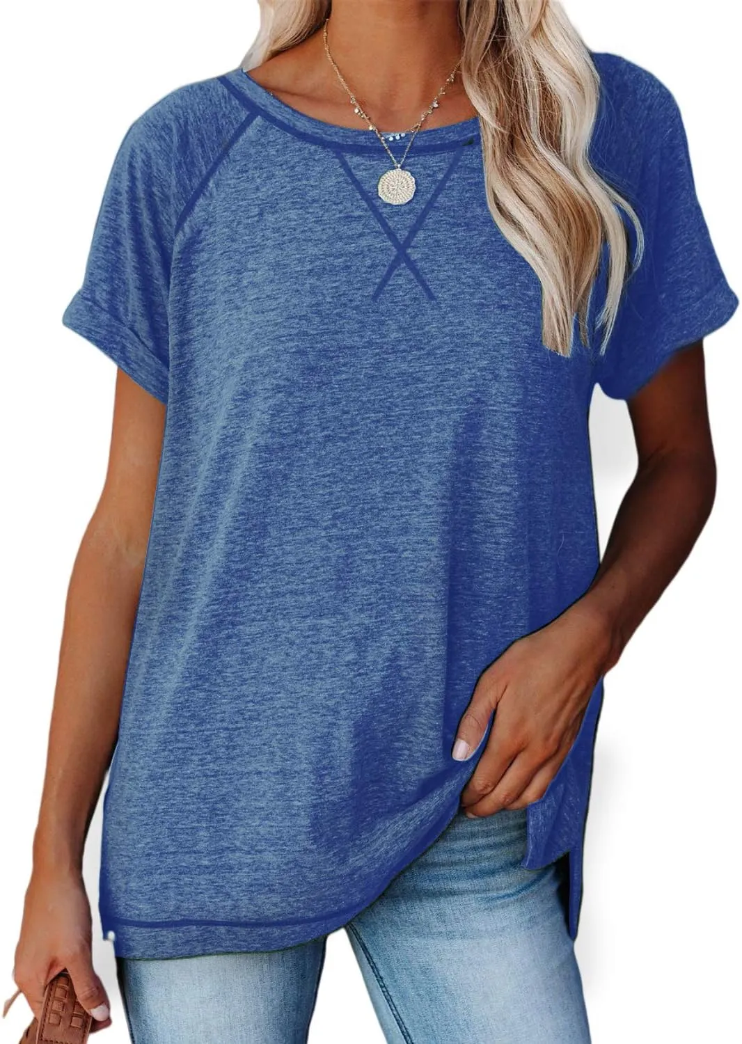 ayreus Women's Casual Short Sleeve T Shirts Crewneck Raglan Tees Side Split Summer Tunic Tops