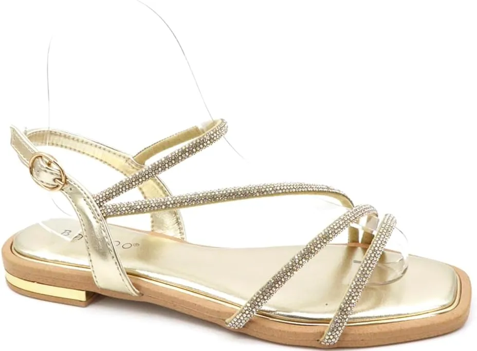 BAMBOO Women's Open Toe Rhinestone Embellished Slingback Strap Flat Sandals