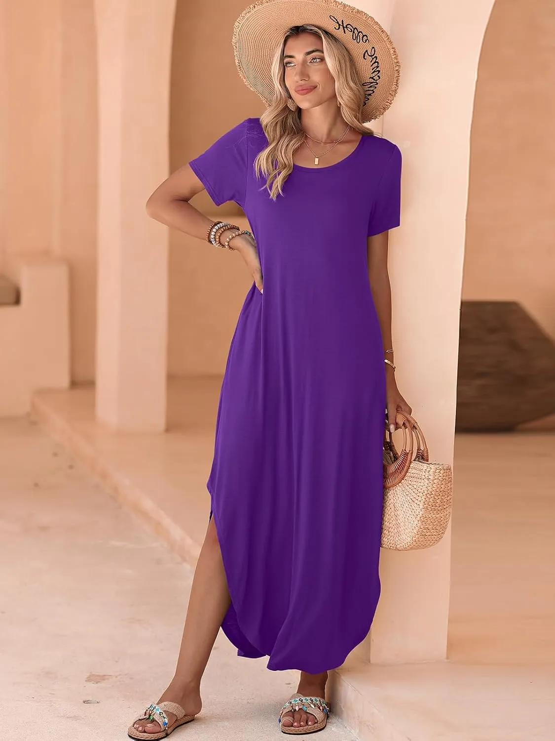 BELAROI Womens Plus Size Maxi Dresses Summer T Shirt Dress Casual Scoop Neck Short Sleeve Long Dress Loose Pockets Split