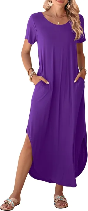 BELAROI Womens Plus Size Maxi Dresses Summer T Shirt Dress Casual Scoop Neck Short Sleeve Long Dress Loose Pockets Split