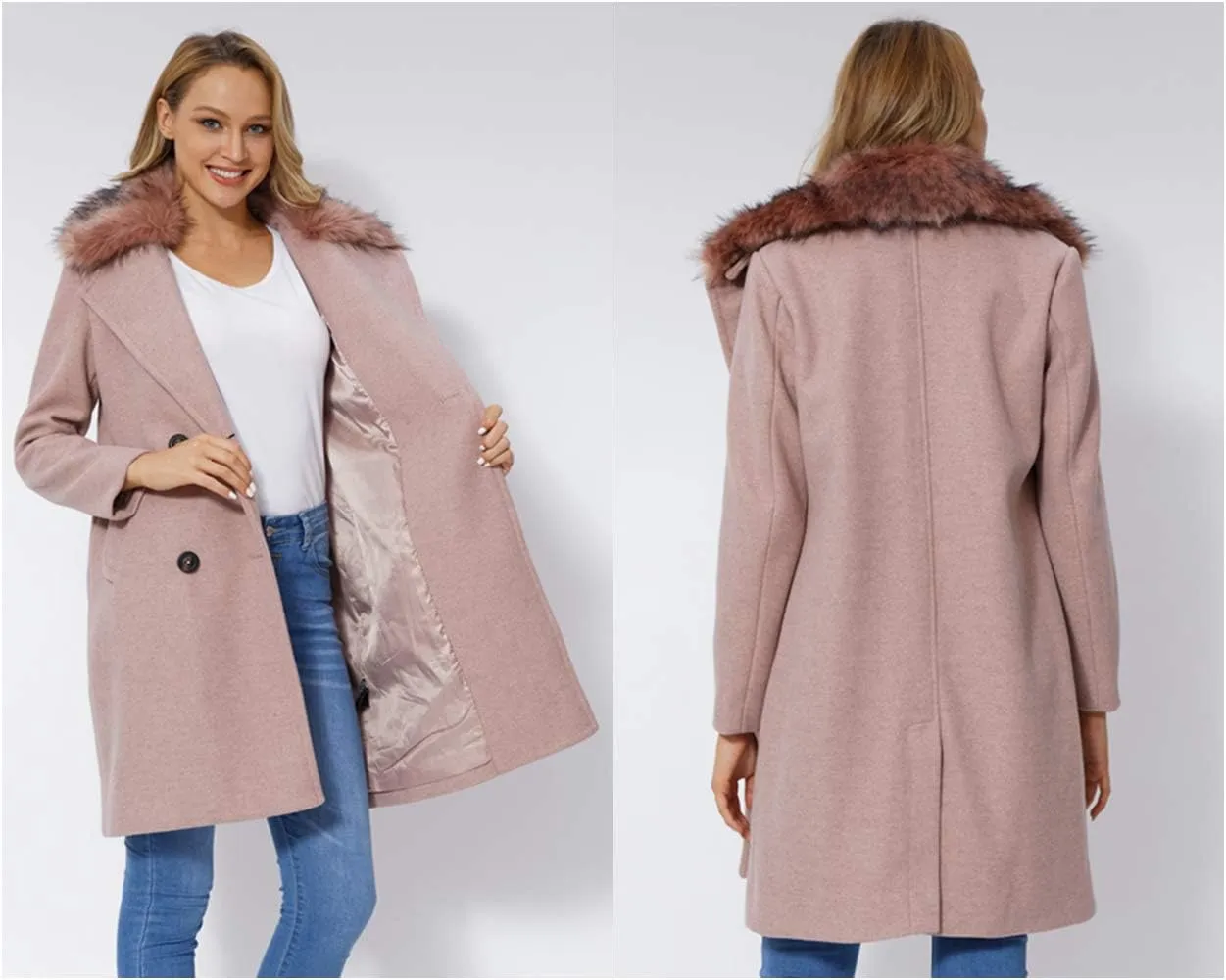 Bellivera Women Wool Jacket Blend Winter Mid Long Trench Coat Warm Pea Overcoat