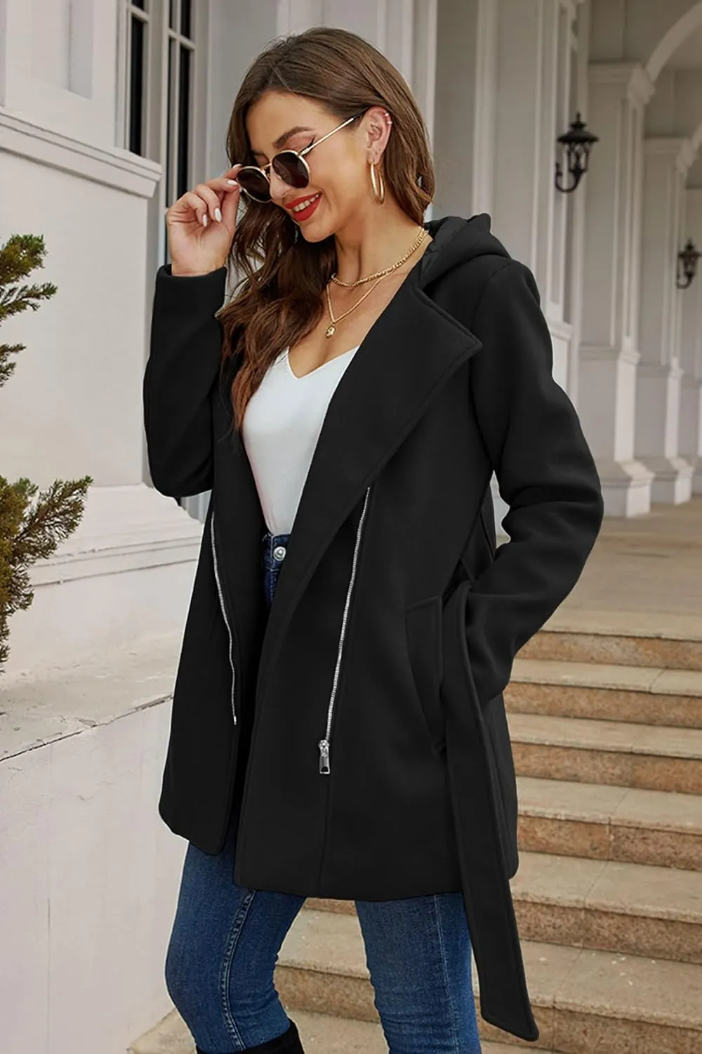 Bellivera Women Wool Jacket Blend Winter Mid Long Trench Coat Warm Pea Overcoat