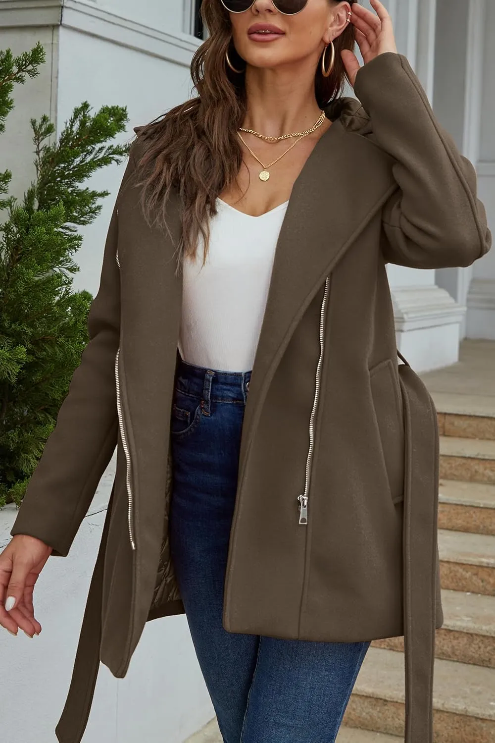Bellivera Women Wool Jacket Blend Winter Mid Long Trench Coat Warm Pea Overcoat