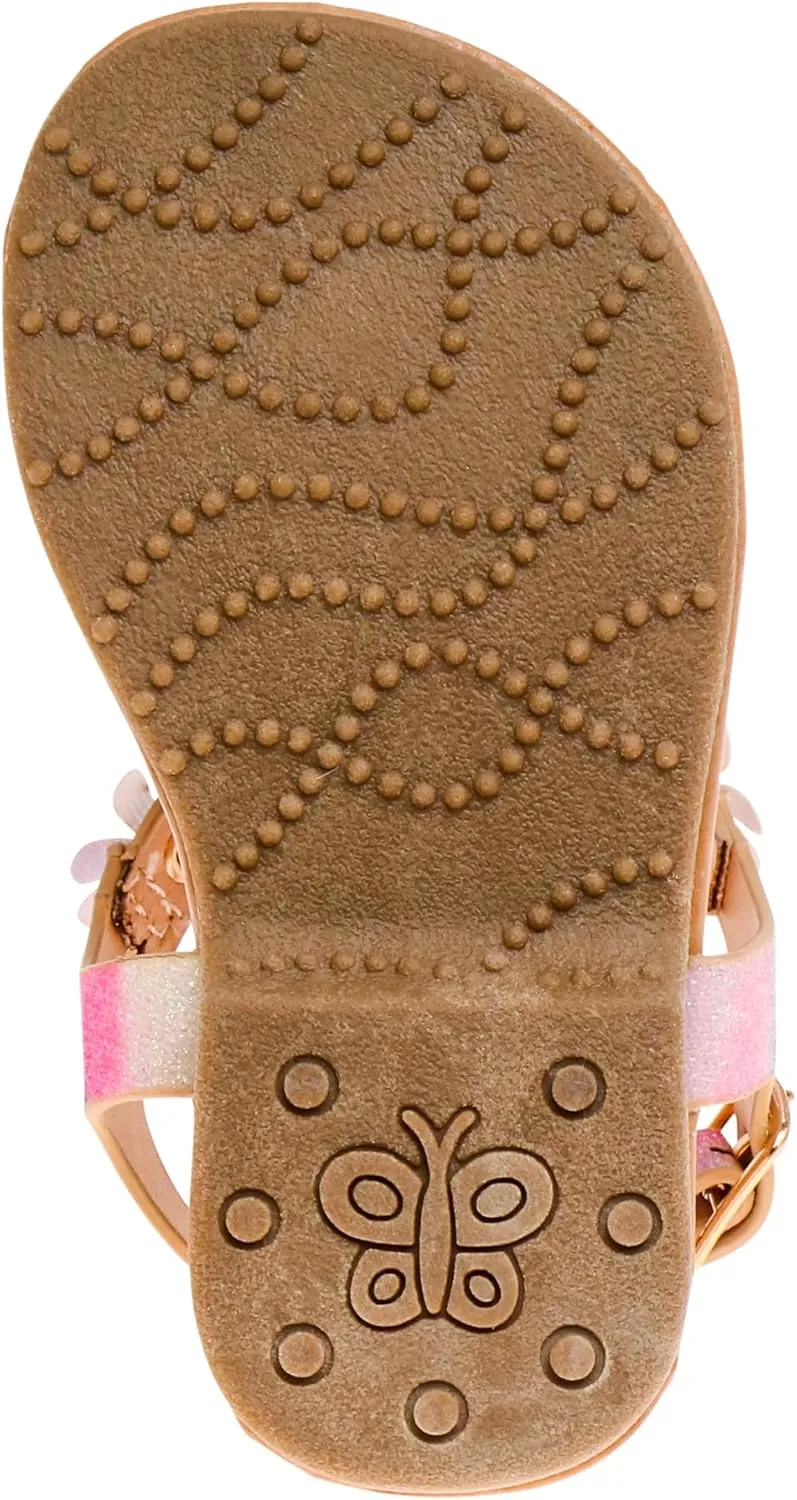 Beverly Hills Polo Club Girl's Leatherette T-Strap Slingback with Flowers Appliques Flat Sandal (Toddler)
