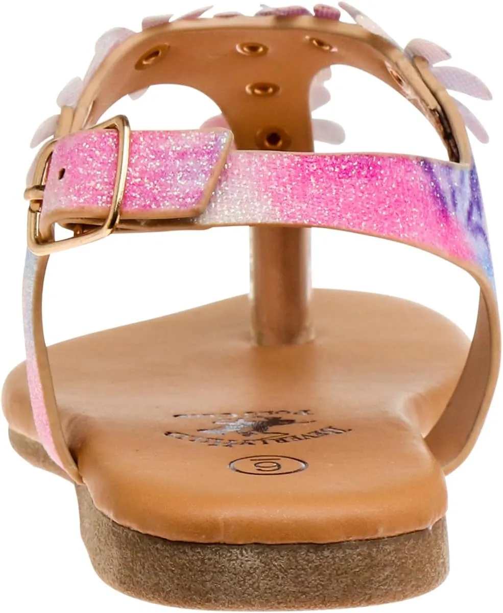 Beverly Hills Polo Club Girl's Leatherette T-Strap Slingback with Flowers Appliques Flat Sandal (Toddler)