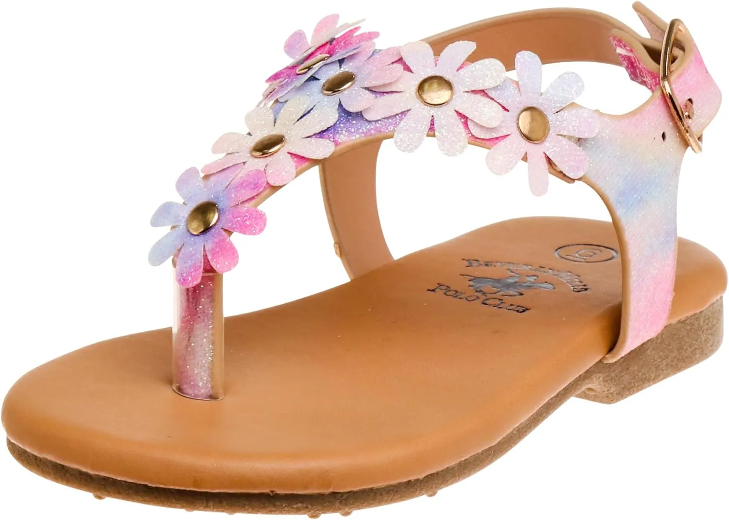Beverly Hills Polo Club Girl's Leatherette T-Strap Slingback with Flowers Appliques Flat Sandal (Toddler)