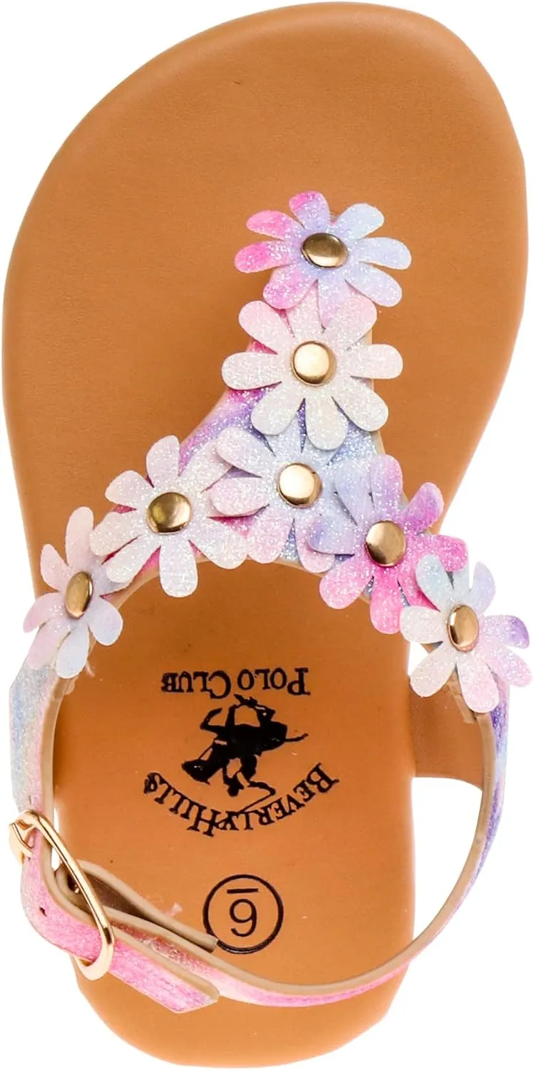 Beverly Hills Polo Club Girl's Leatherette T-Strap Slingback with Flowers Appliques Flat Sandal (Toddler)