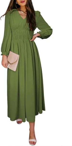 BLENCOT Womens Casual Boho Deep V Neck Short Sleeve Long Dress