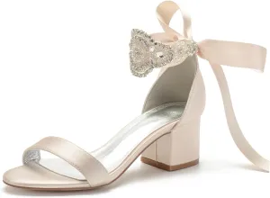 Block Heels Bride Wedding Pumps Bowknot Strap Bride Pumps Bridal Shoes Beaded Ankle Satin Sandals Open Toe Dress Evening Comfortable,Champagne,11