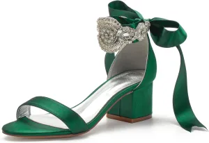 Block Heels Bride Wedding Pumps Bowknot Strap Bride Pumps Bridal Shoes Beaded Ankle Satin Sandals Open Toe Dress Evening Comfortable,Dark green,8.5