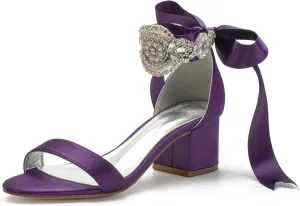 Block Heels Bride Wedding Pumps Bowknot Strap Bride Pumps Bridal Shoes Beaded Ankle Satin Sandals Open Toe Dress Evening Comfortable,Dark purple,9