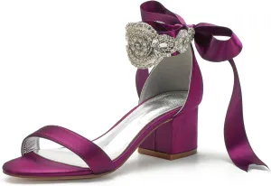 Block Heels Bride Wedding Pumps Bowknot Strap Bride Pumps Bridal Shoes Beaded Ankle Satin Sandals Open Toe Dress Evening Comfortable,Purple,10