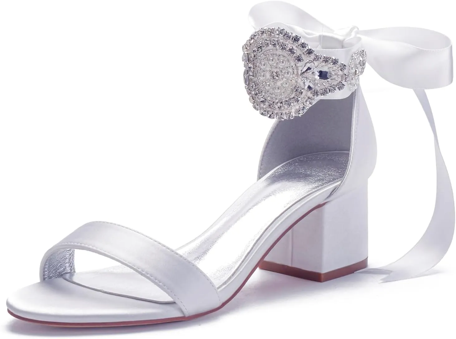 Block Heels Bride Wedding Pumps Bowknot Strap Bride Pumps Bridal Shoes Beaded Ankle Satin Sandals Open Toe Dress Evening Comfortable,White,7