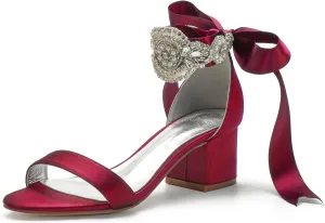 Block Heels Bride Wedding Pumps Bowknot Strap Bride Pumps Bridal Shoes Beaded Ankle Satin Sandals Open Toe Dress Evening Comfortable,Wine red,7