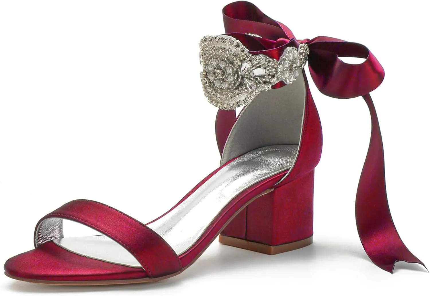 Block Heels Bride Wedding Pumps Bowknot Strap Bride Pumps Bridal Shoes Beaded Ankle Satin Sandals Open Toe Dress Evening Comfortable,Wine red,7