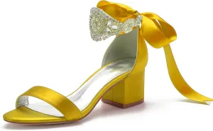 Block Heels Bride Wedding Pumps Bowknot Strap Bride Pumps Bridal Shoes Beaded Ankle Satin Sandals Open Toe Dress Evening Comfortable,Yellow,9