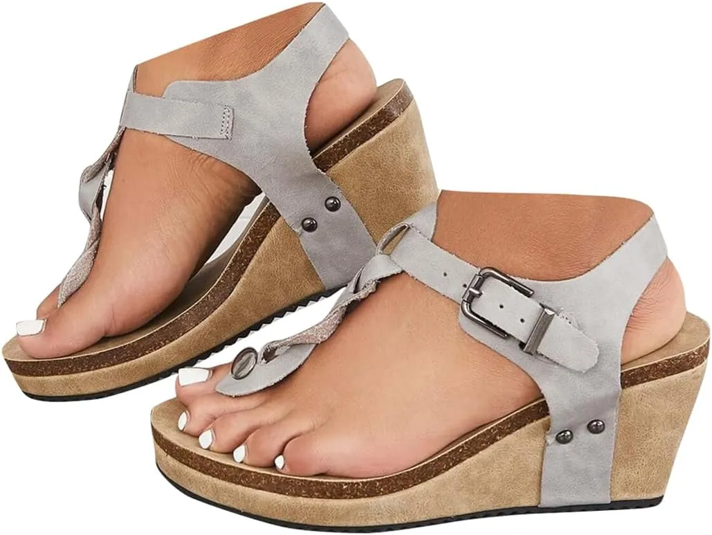 Boho Braided T-Strap Sandals Cork Platform Wedges
