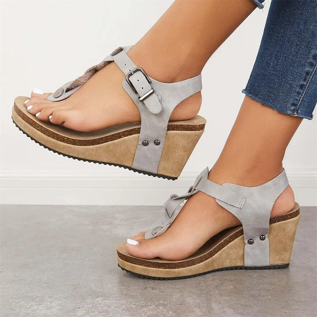 Boho Braided T-Strap Sandals Cork Platform Wedges
