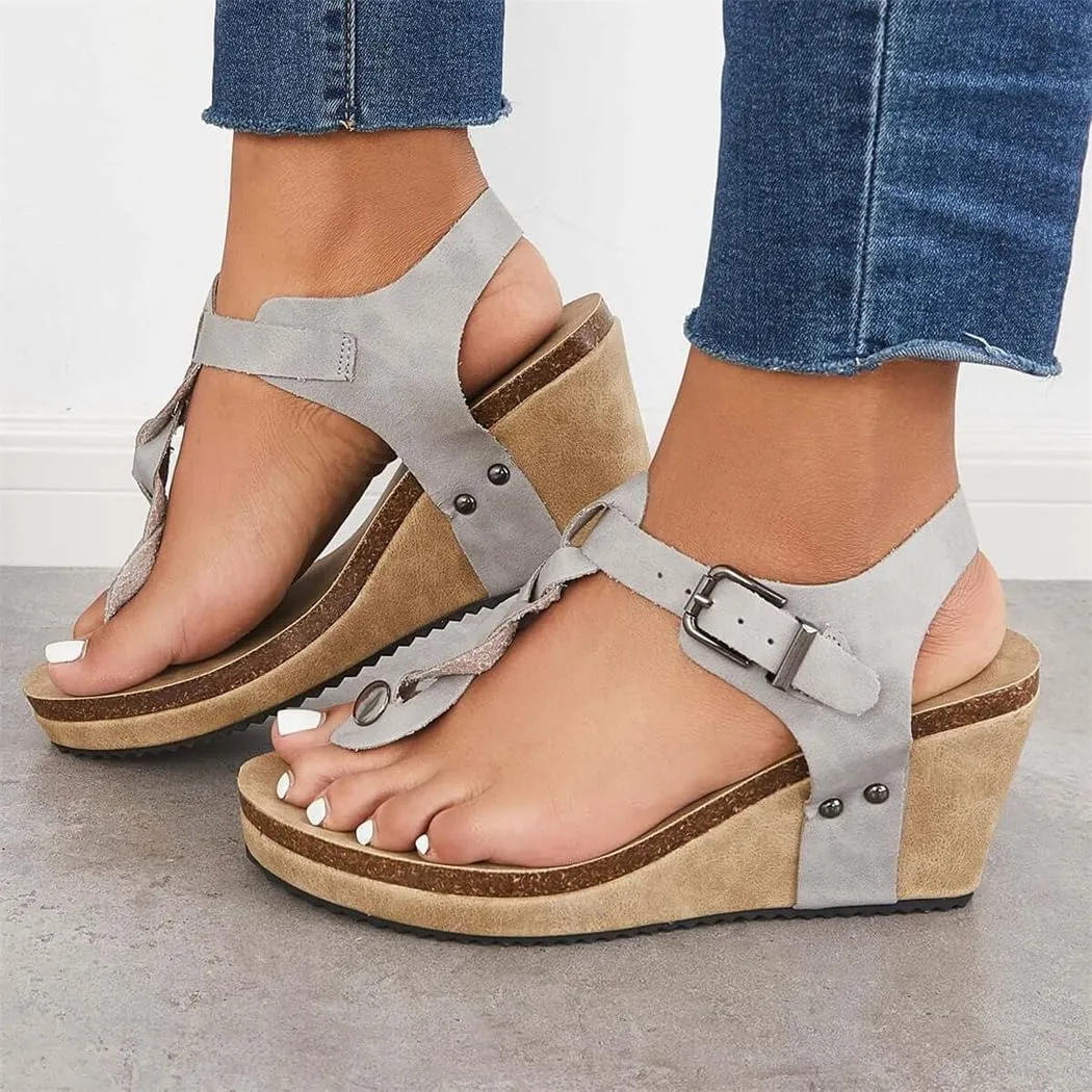 Boho Braided T-Strap Sandals Cork Platform Wedges