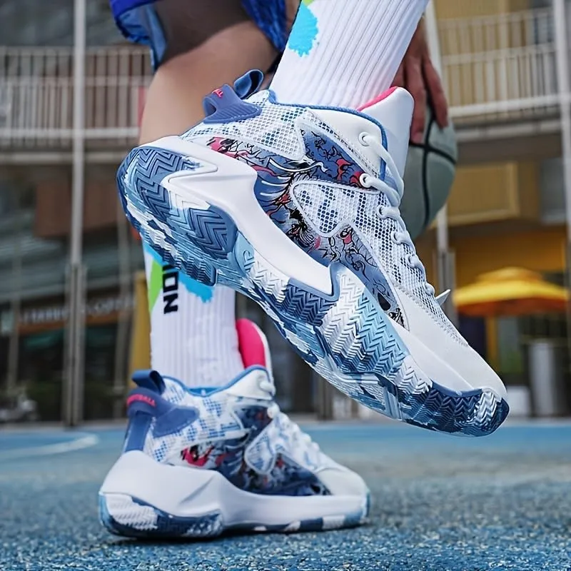 Breathable Basketball Sneakers - Non-Slip, Shock-Absorbing Sneakers with Cool Graffiti Design & Camo Rubber Sole for All Seasons, Basketball Shoes