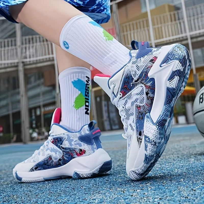 Breathable Basketball Sneakers - Non-Slip, Shock-Absorbing Sneakers with Cool Graffiti Design & Camo Rubber Sole for All Seasons, Basketball Shoes