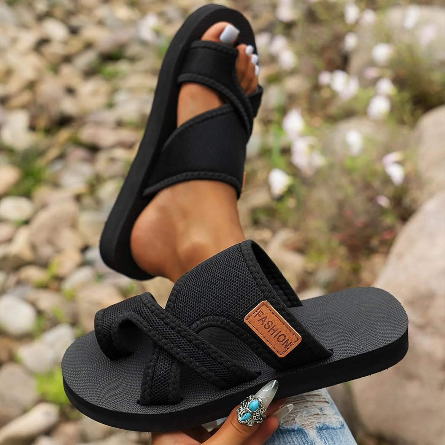 Breathable Mesh Slide Sandals For Women, Women's Hollow Mesh Slide Sandals With Toe Loop Slippers