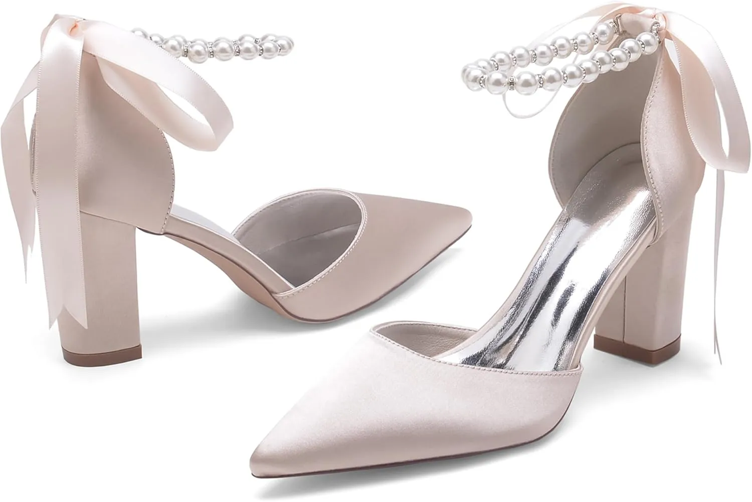 Bridal Chunky Heels Satin Pearls High Block Heel Wedding Shoes for Bride Pointed Toe Ribbons Women Pumps Evening Heeled Sandals 8.5Cm
